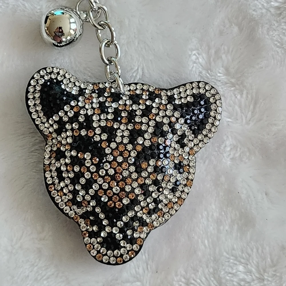 Leopard Rhinestone Silver And Tan Keychain with Tassel Bag Charm